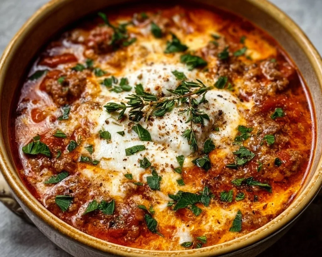 Keto Lasagna Soup with cheese and vegetables in a bowl