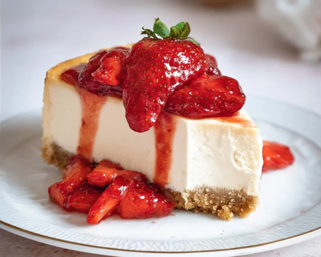 Delicious keto strawberry cheesecake with fresh strawberries on top