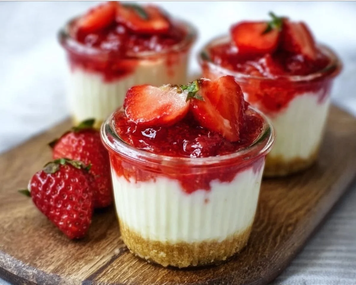 Delicious Keto Strawberry Cheesecake Cups topped with fresh strawberries.