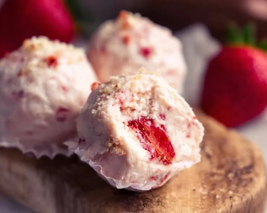 Delicious Keto Strawberry Cheesecake Fat Bombs on a white plate