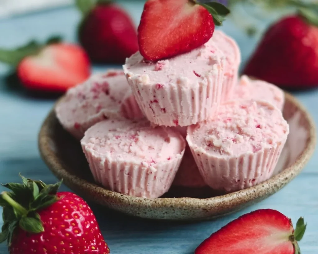 Keto strawberry cheesecake fat bombs on a plate, a low-carb dessert option.