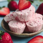 Keto strawberry cheesecake fat bombs on a plate, a low-carb dessert option.