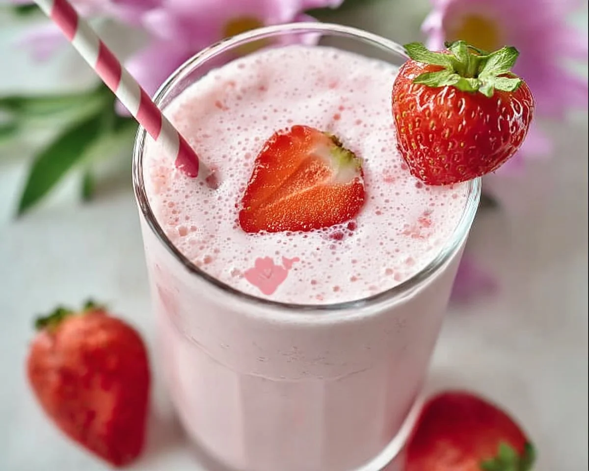 Keto Strawberry Cheesecake Smoothie in a glass garnished with strawberries