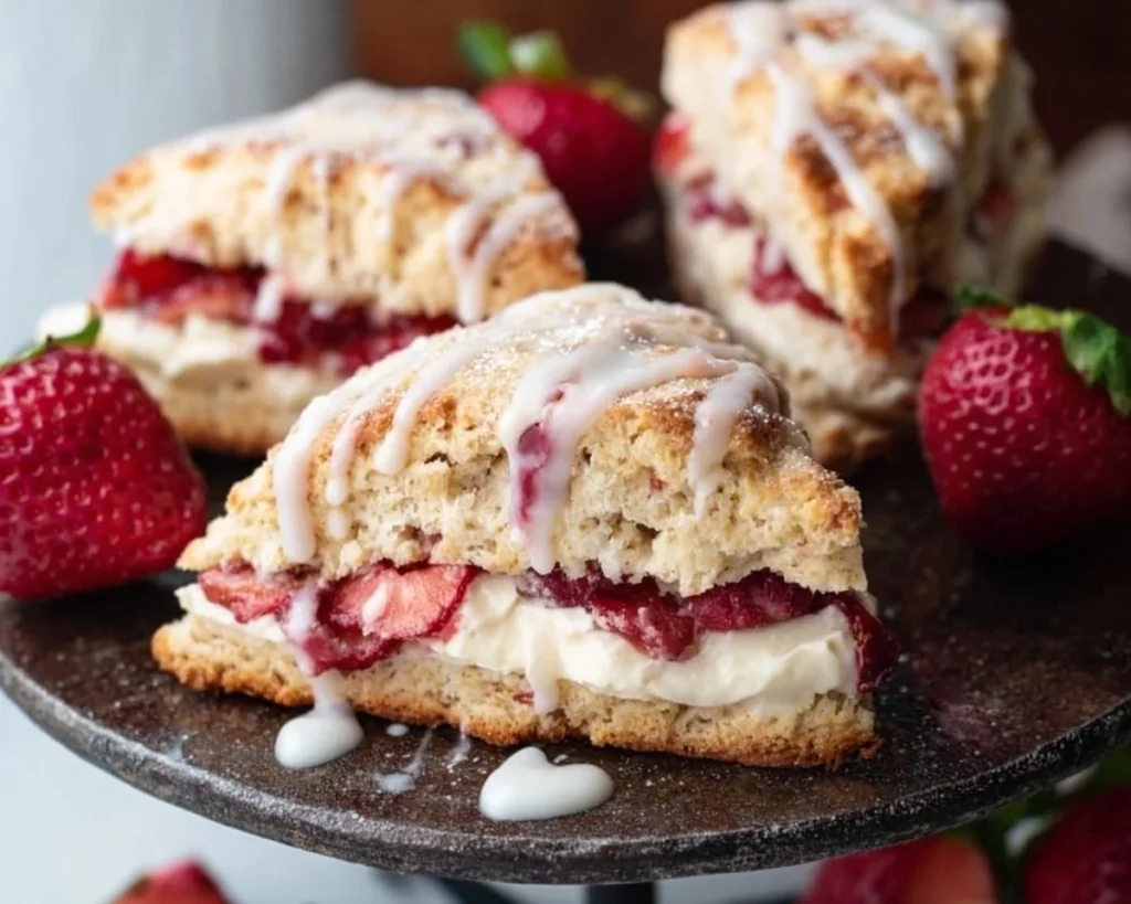 Keto Strawberry Cream Cheese Scones served on a plate with fresh strawberries