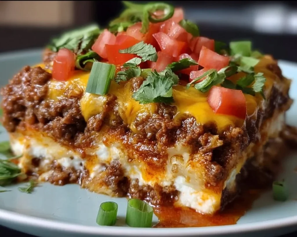Delicious Keto Taco Lasagna layered with meat, cheese, and spices.