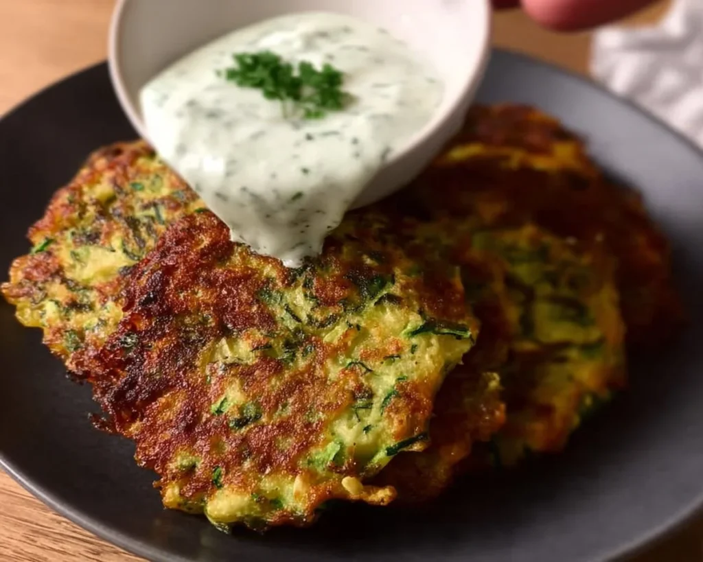 Crispy keto zucchini fritters served with dipping sauce on a plate.