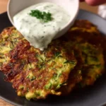 Crispy keto zucchini fritters served with dipping sauce on a plate.