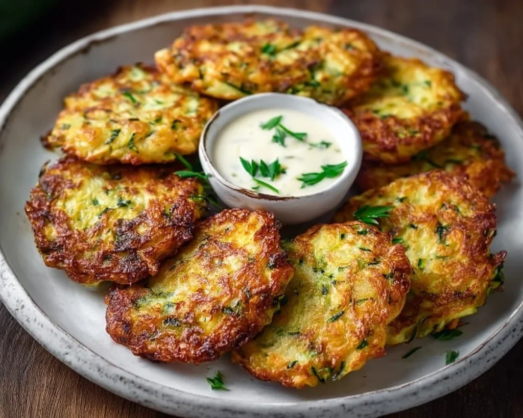 Crispy Keto Zucchini Fritters served on a plate