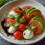Light avocado caprese salad with mozzarella, tomatoes, and fresh basil