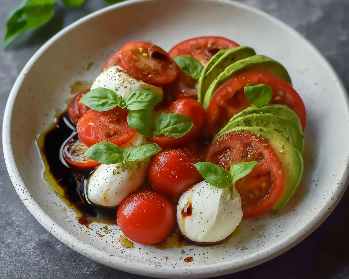 Light avocado caprese salad with mozzarella, tomatoes, and fresh basil