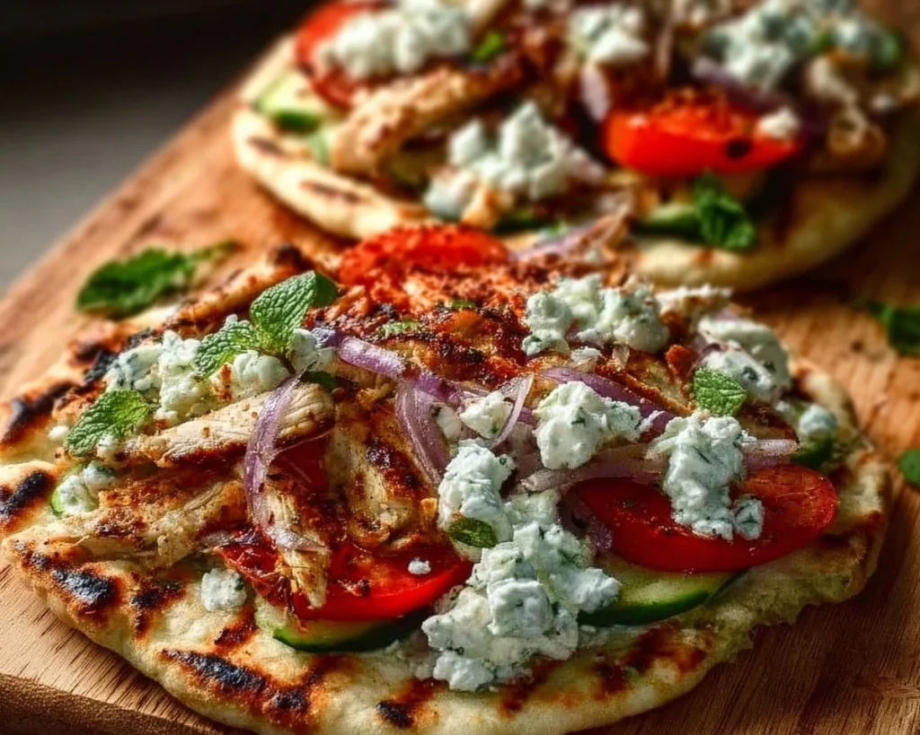 Delicious Loaded Grilled Chicken Greek Pita Flatbreads with fresh ingredients