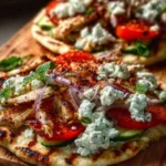 Delicious Loaded Grilled Chicken Greek Pita Flatbreads with fresh ingredients