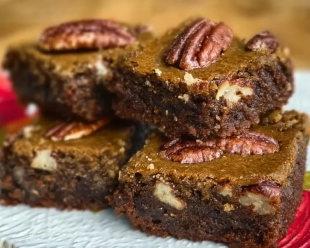 Delicious low carb pecan pie brownies topped with pecans