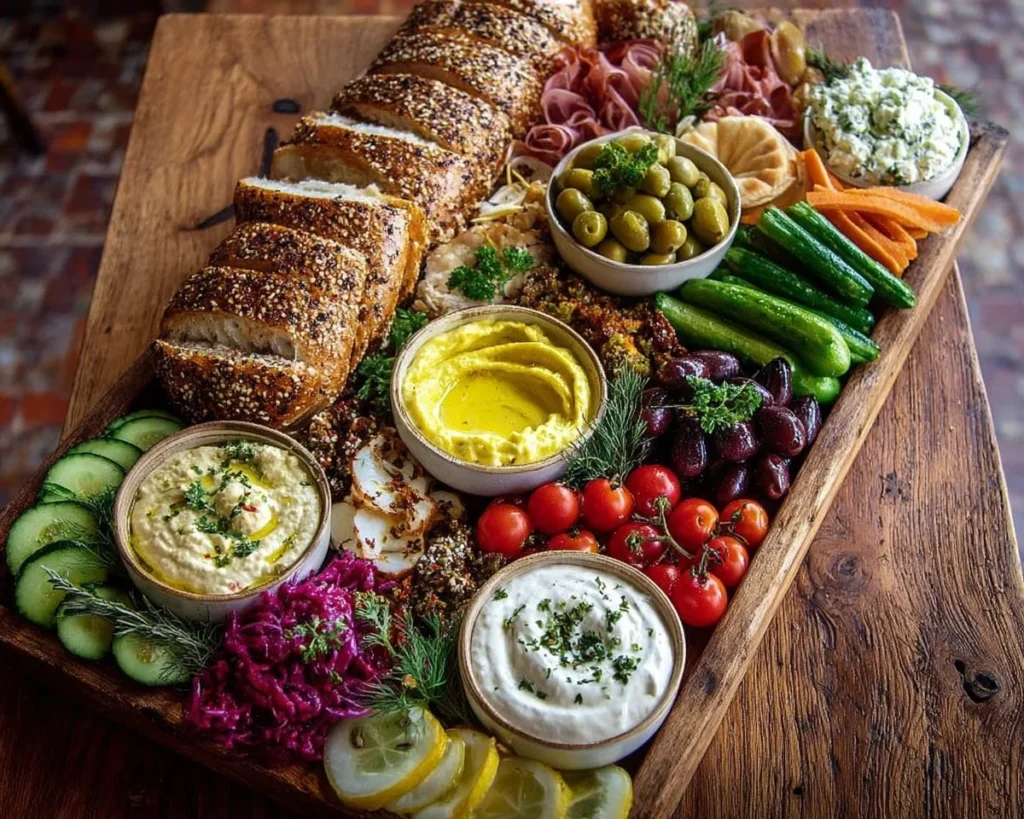 Mediterranean Grazing Board featuring assorted dips and fresh ingredients