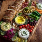 Mediterranean Grazing Board featuring assorted dips and fresh ingredients