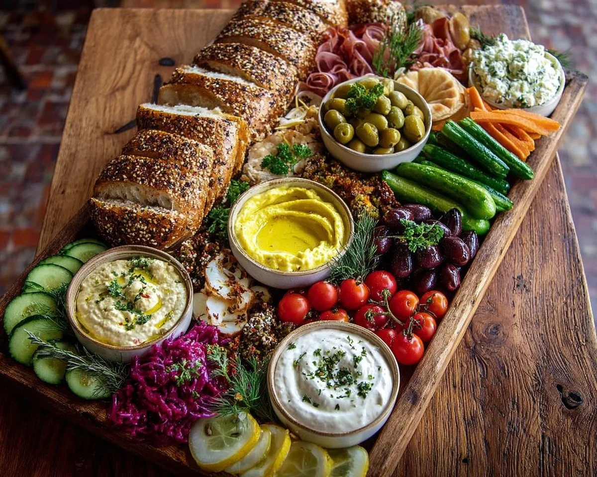Mediterranean Grazing Board featuring assorted dips and fresh ingredients