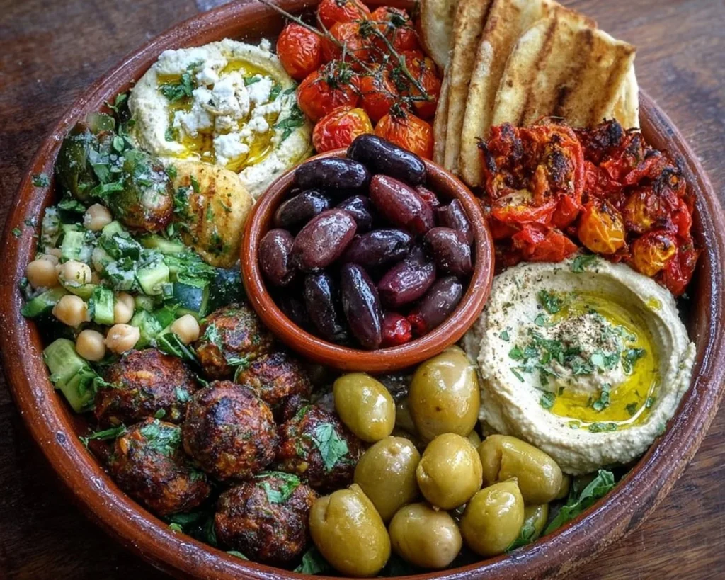 Mediterranean mezze tapas platter showcasing delicious small dishes