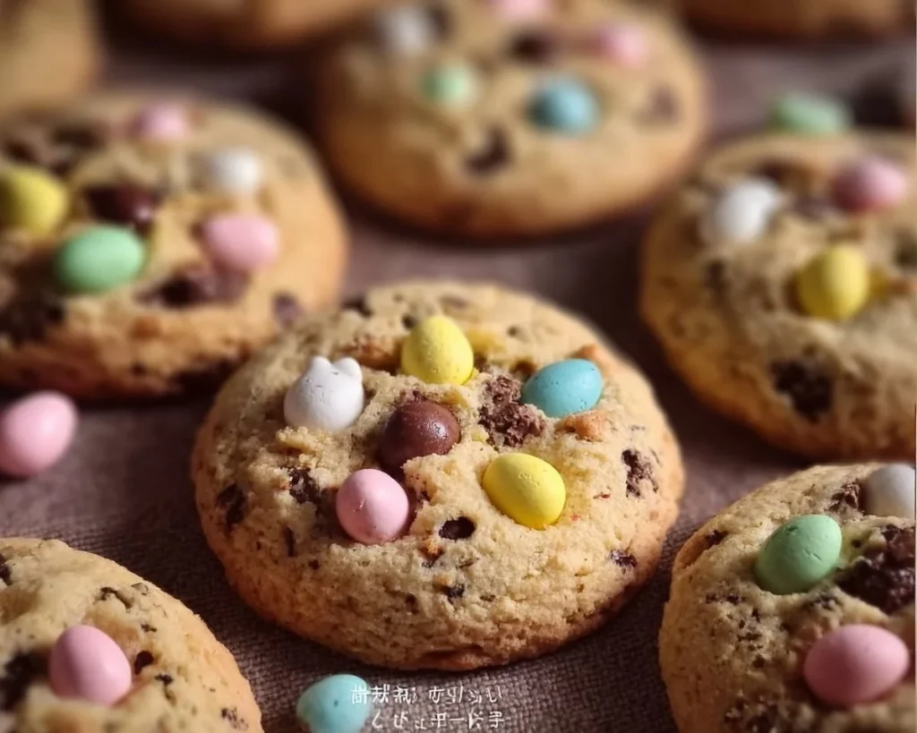 Delicious mini egg cookies with colorful candy eggs on top.