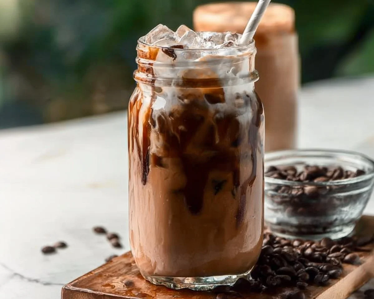Delicious homemade mocha iced coffee topped with whipped cream and chocolate drizzle.