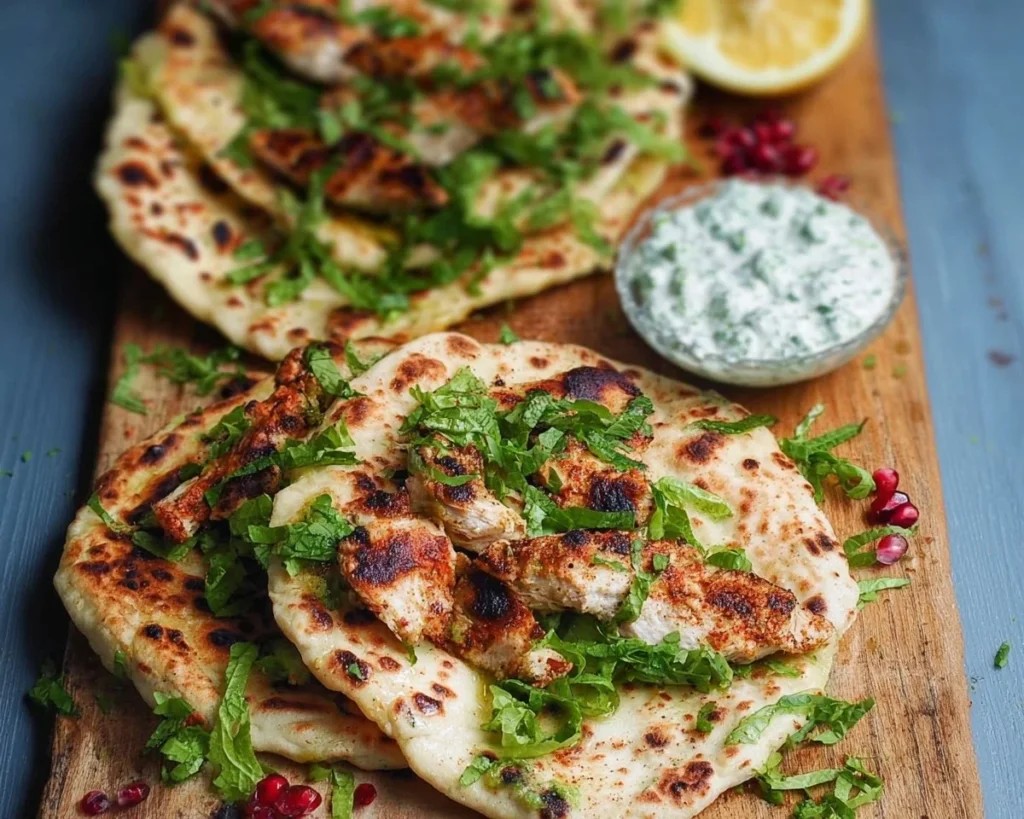 Moroccan chicken flatbreads topped with spices and herbs.
