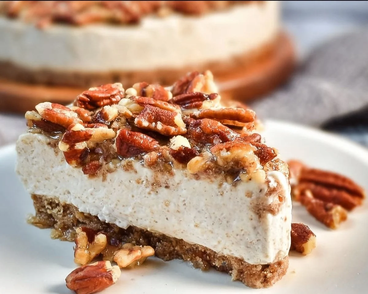No-Bake Keto Pecan Pie Cheesecake topped with pecans and sugar-free syrup.