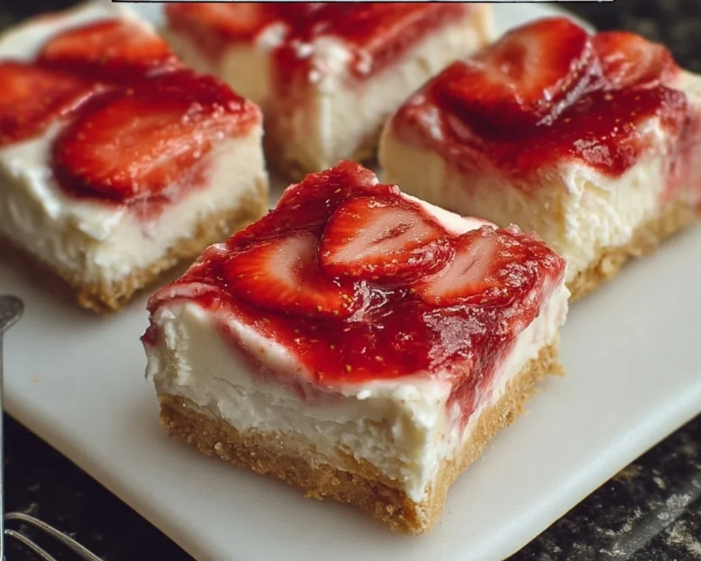 Delicious No Bake Strawberry Cheesecake Bars topped with fresh strawberries