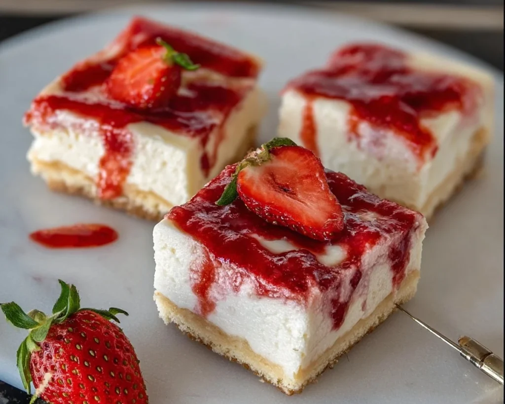 Delicious no bake strawberry cheesecake bars garnished with fresh strawberries