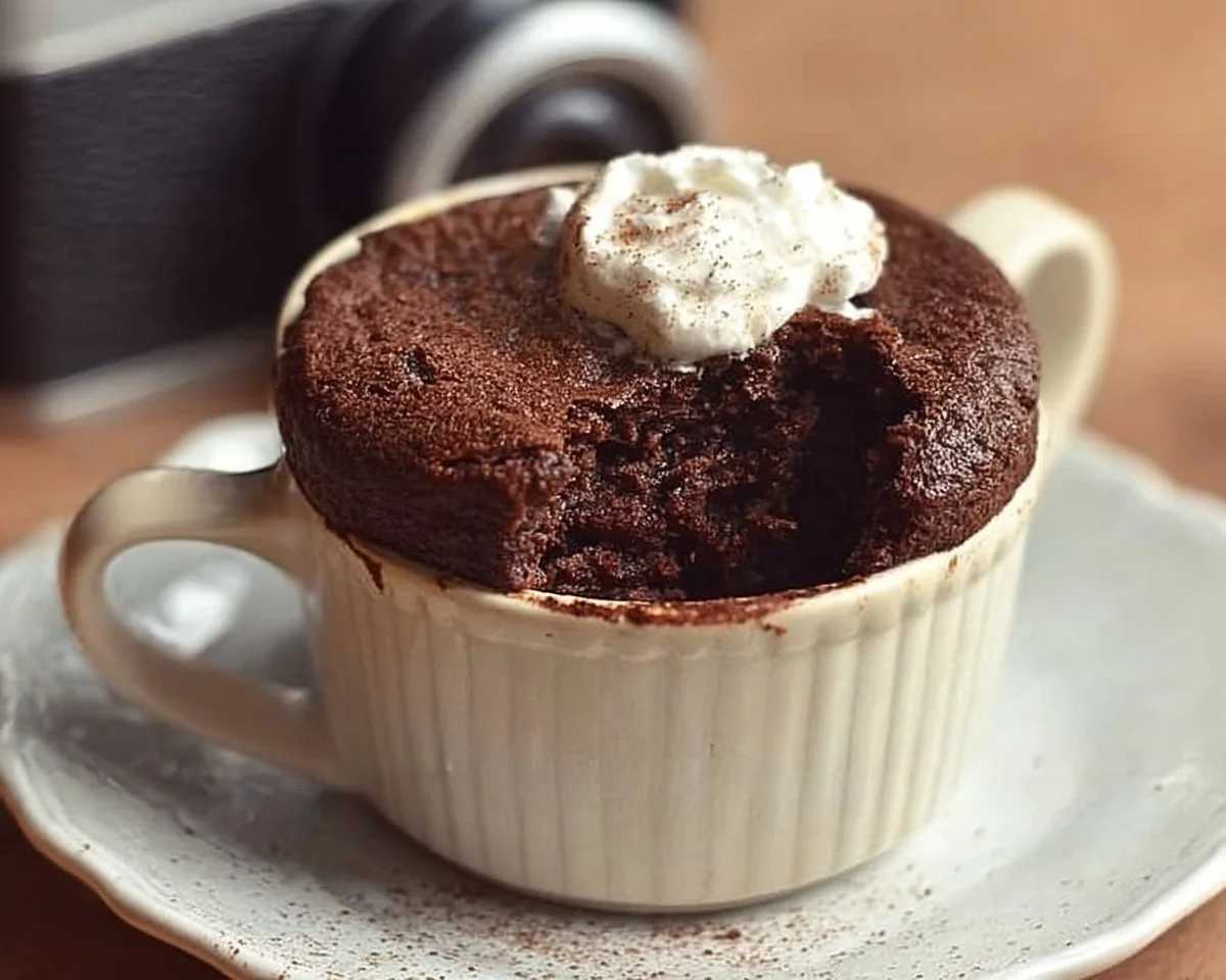 One minute chocolate brownie mug cake topped with chocolate sprinkles