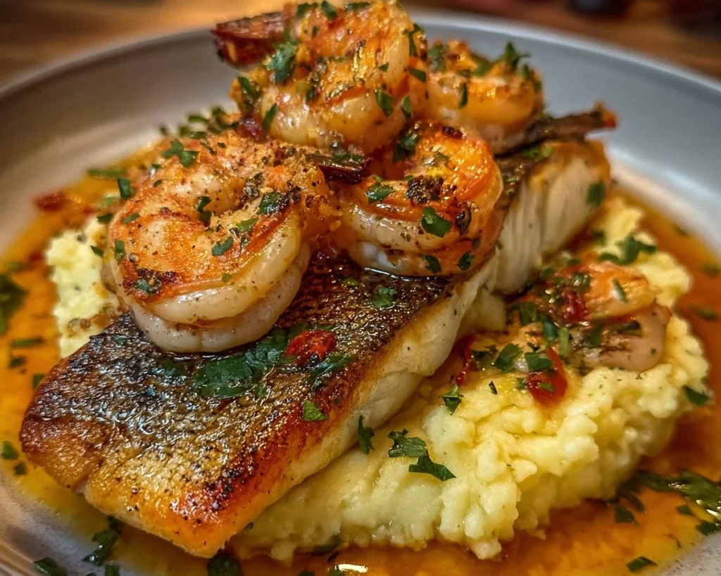 Plate of pan-seared fish with garlic butter shrimp and mashed potatoes