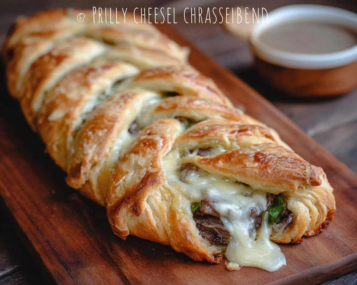 Philly Cheesesteak Crescent Braid with melted cheese and beef filling