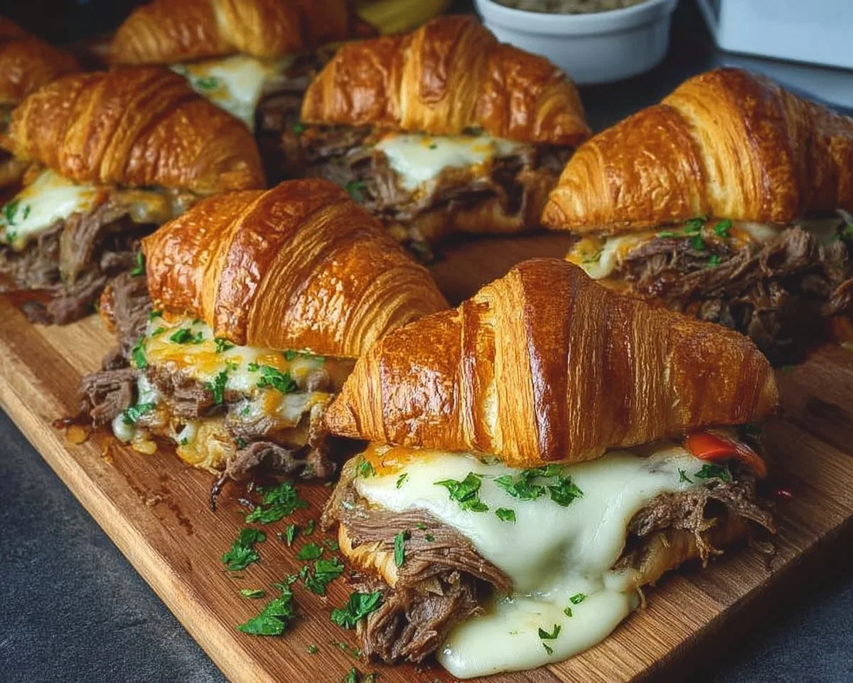 Philly cheesesteak croissant melts topped with cheese and savory beef