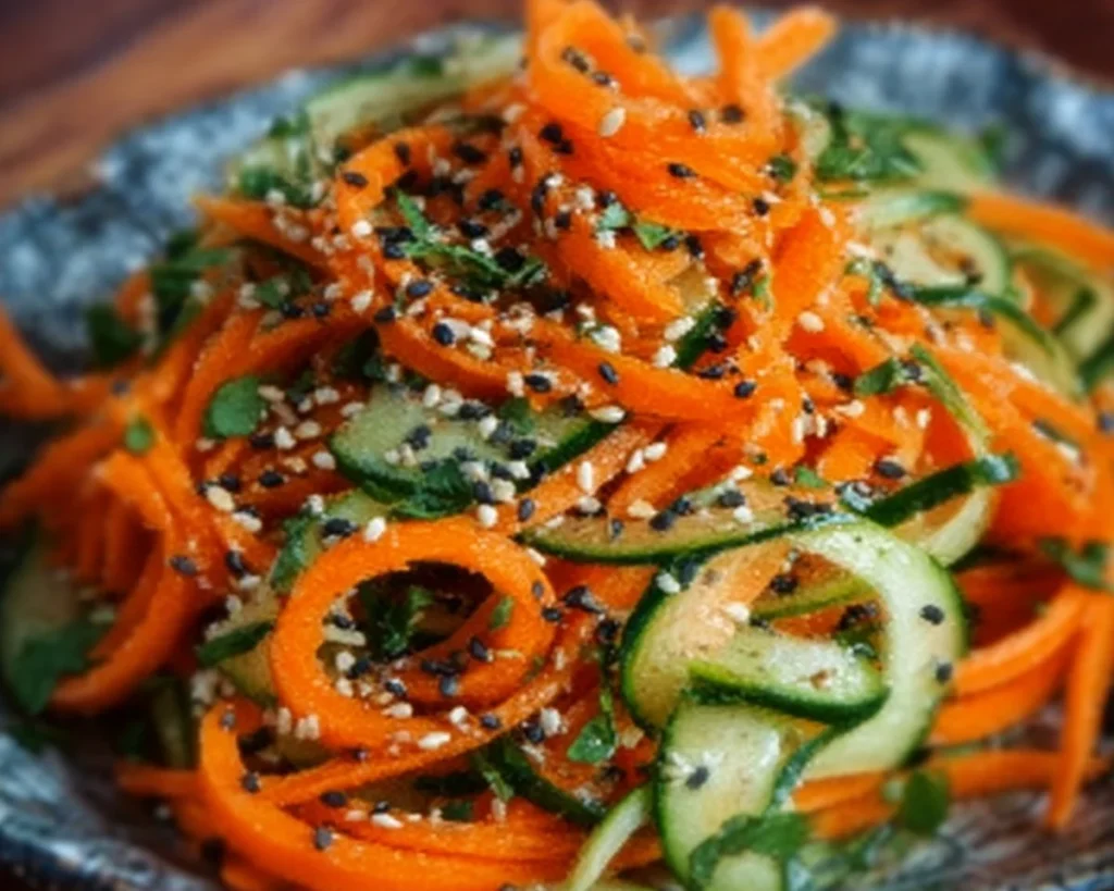Quick cucumber carrot salad with sesame dressing in a bowl