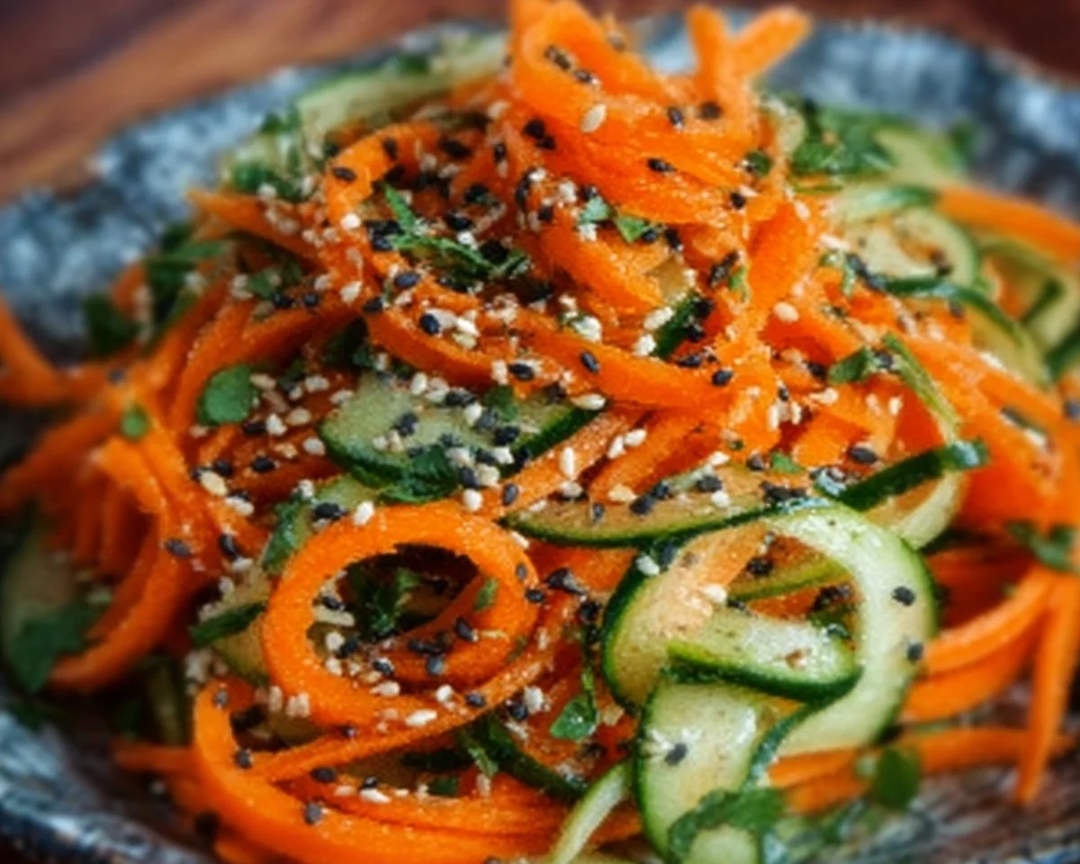 Quick cucumber carrot salad with sesame dressing in a bowl
