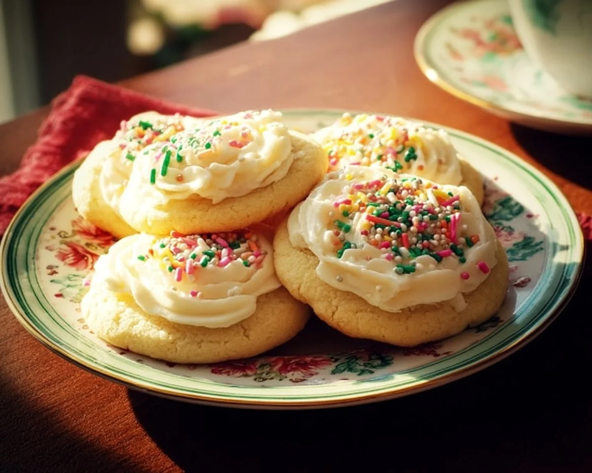 Soft sugar cookies decorated with colorful buttercream frosting on a plate.
