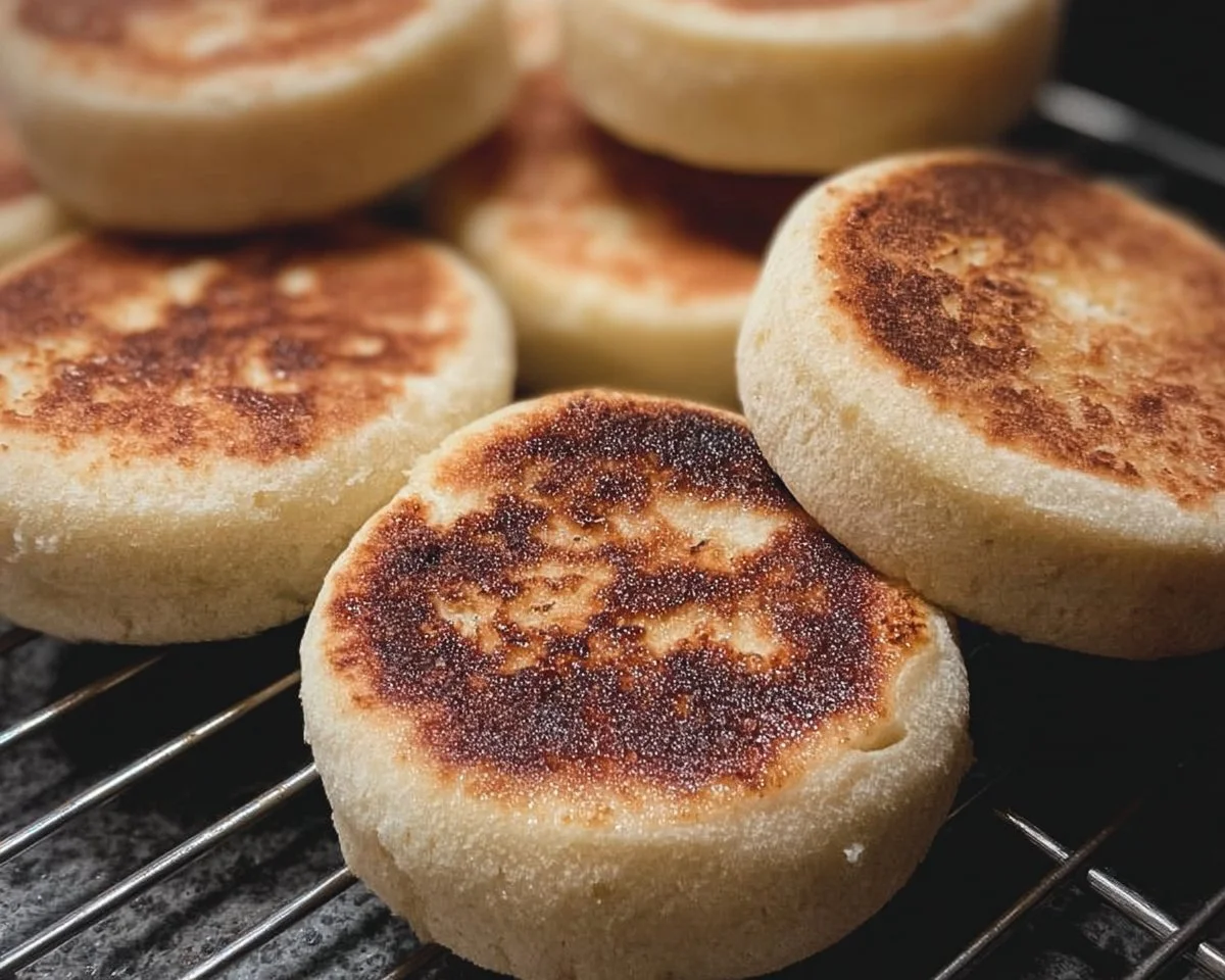 Homemade sourdough discard English muffins fresh from the oven.