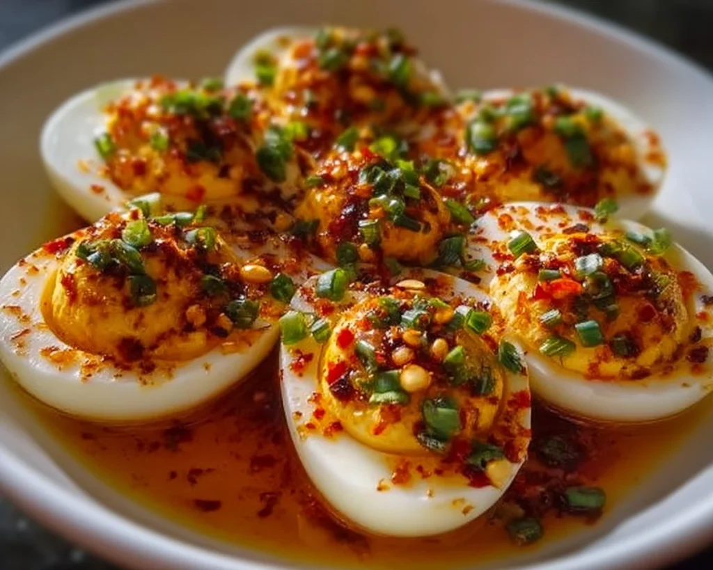 Spicy chili garlic deviled eggs on a platter, garnished with herbs