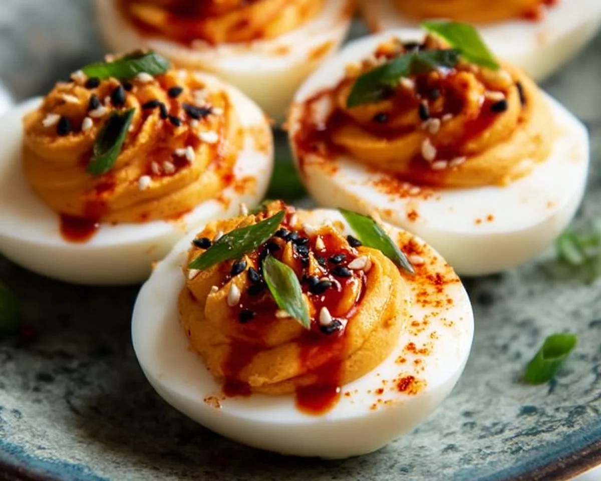 Spicy Gochujang Deviled Eggs garnished with herbs and spices