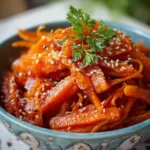A vibrant dish of spicy Korean carrots served in a bowl with sesame seeds on top.