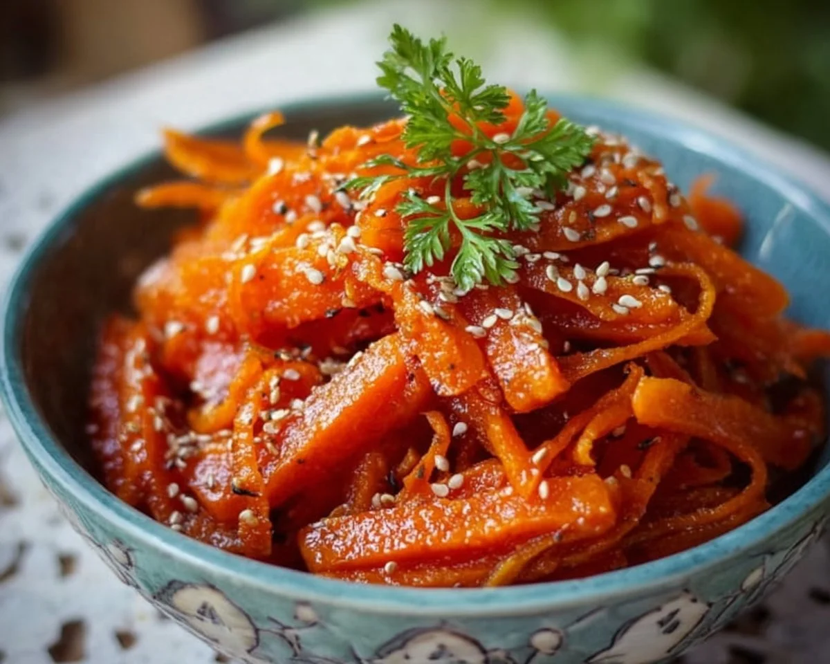 A vibrant dish of spicy Korean carrots served in a bowl with sesame seeds on top.