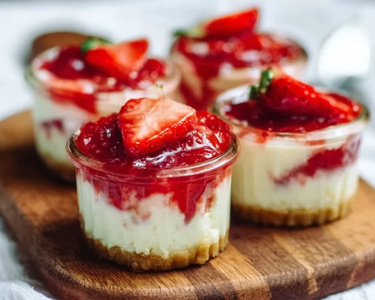 Delicious strawberry cheesecake cups topped with fresh strawberries and whipped cream