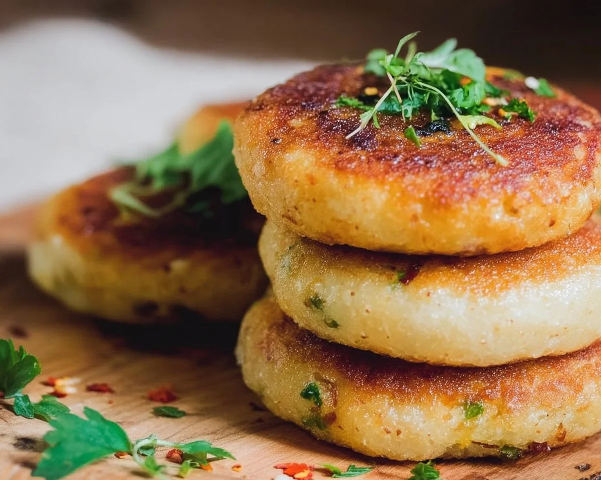 Stuffed sweet potato cakes with a savory filling and garnished with herbs