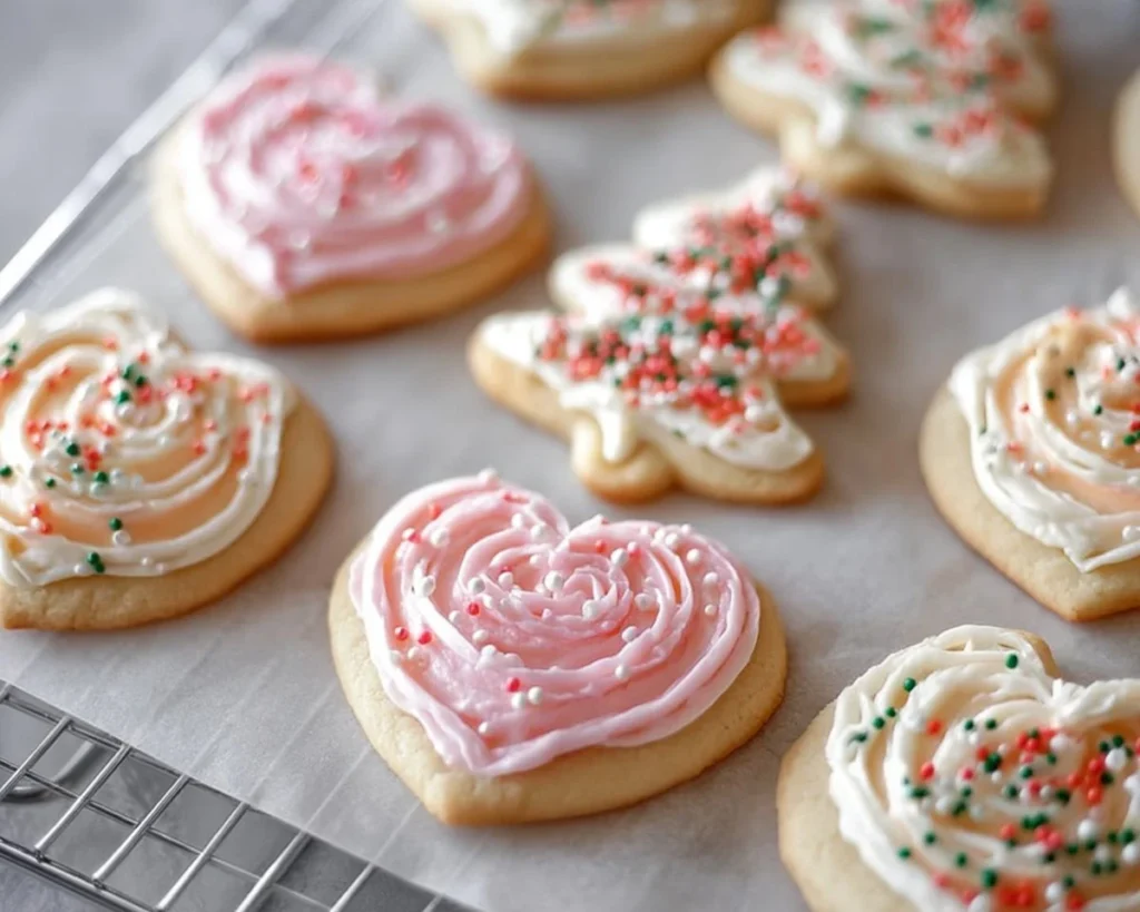 Delicious sugar cookie frosting on freshly baked cookies