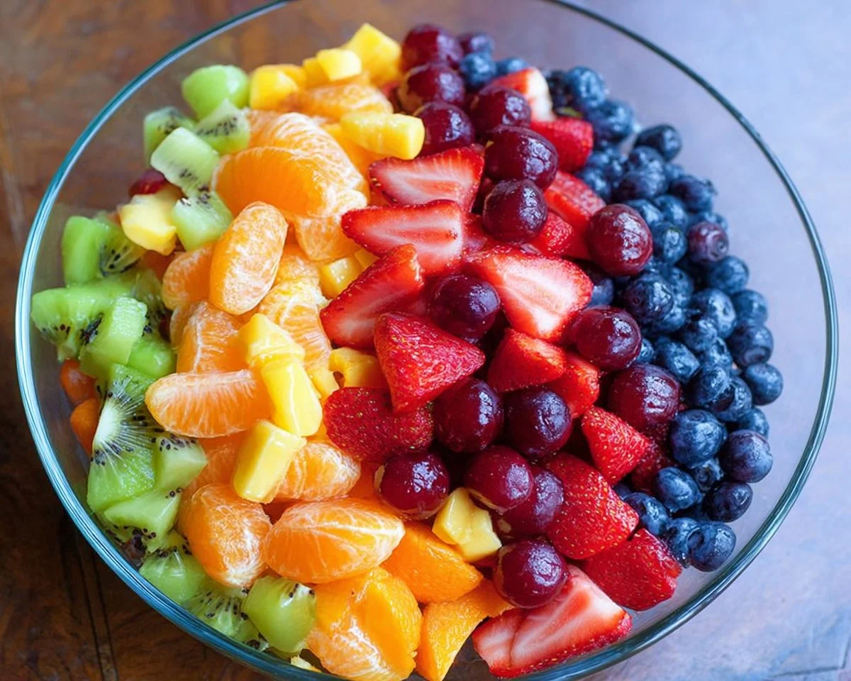 Colorful Rainbow Fruit Salad with assorted fresh fruits in a bowl