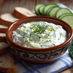 Tzatziki dip served in a bowl with fresh vegetables for dipping