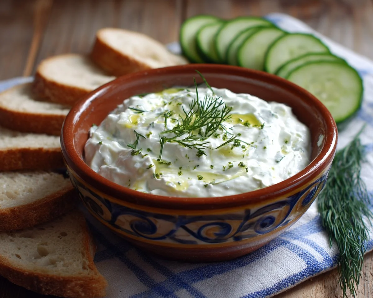 Tzatziki dip served in a bowl with fresh vegetables for dipping