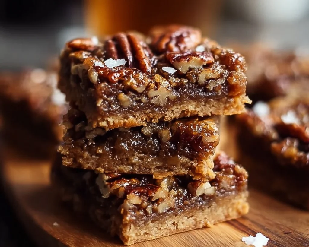 Vegan and Paleo Pecan Pie Bars on a wooden table