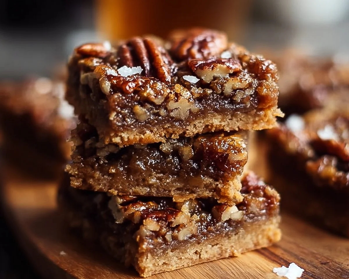 Vegan and Paleo Pecan Pie Bars on a wooden table