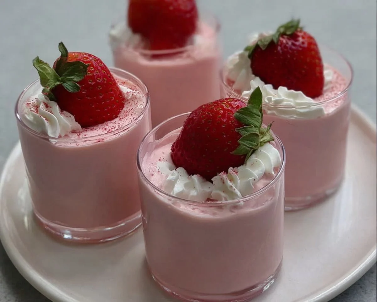 Delicious three ingredient strawberry mousse dessert in a glass