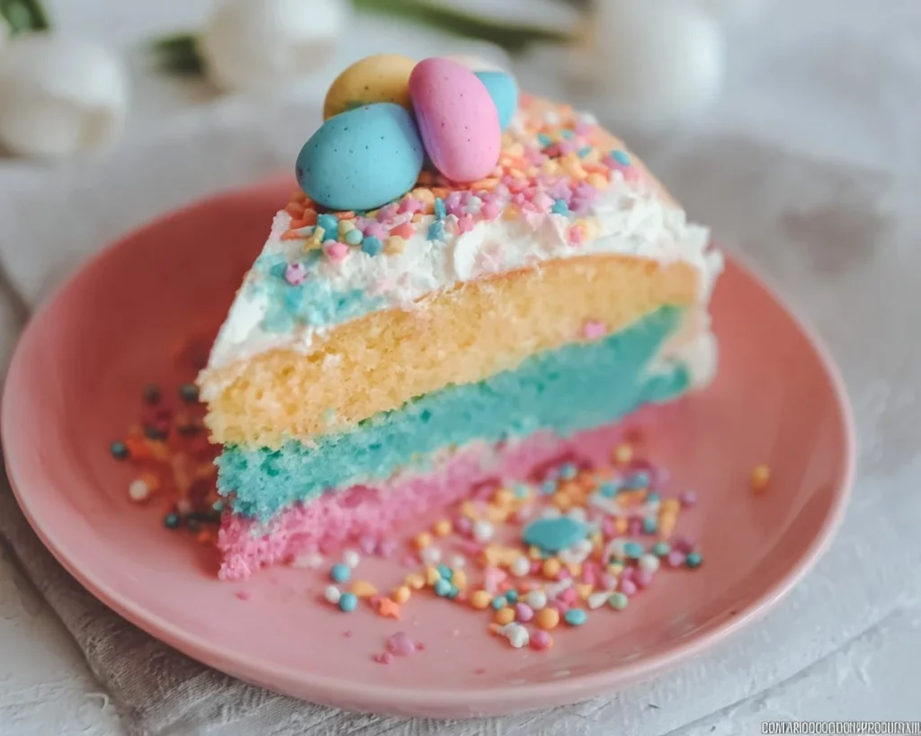A slice of multi-colored Easter cake on a plate ready to be enjoyed.