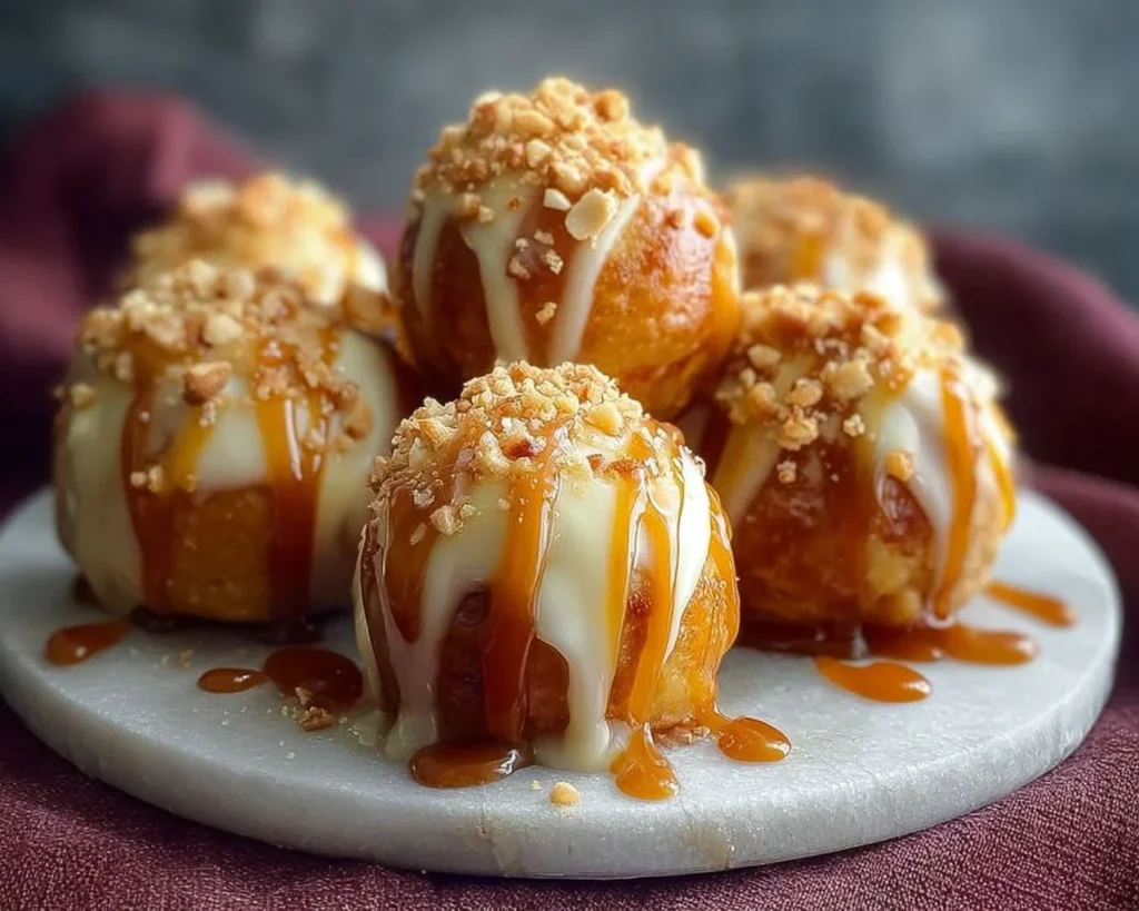 Delicious Apple Caramel Bombs drizzled with rich caramel sauce